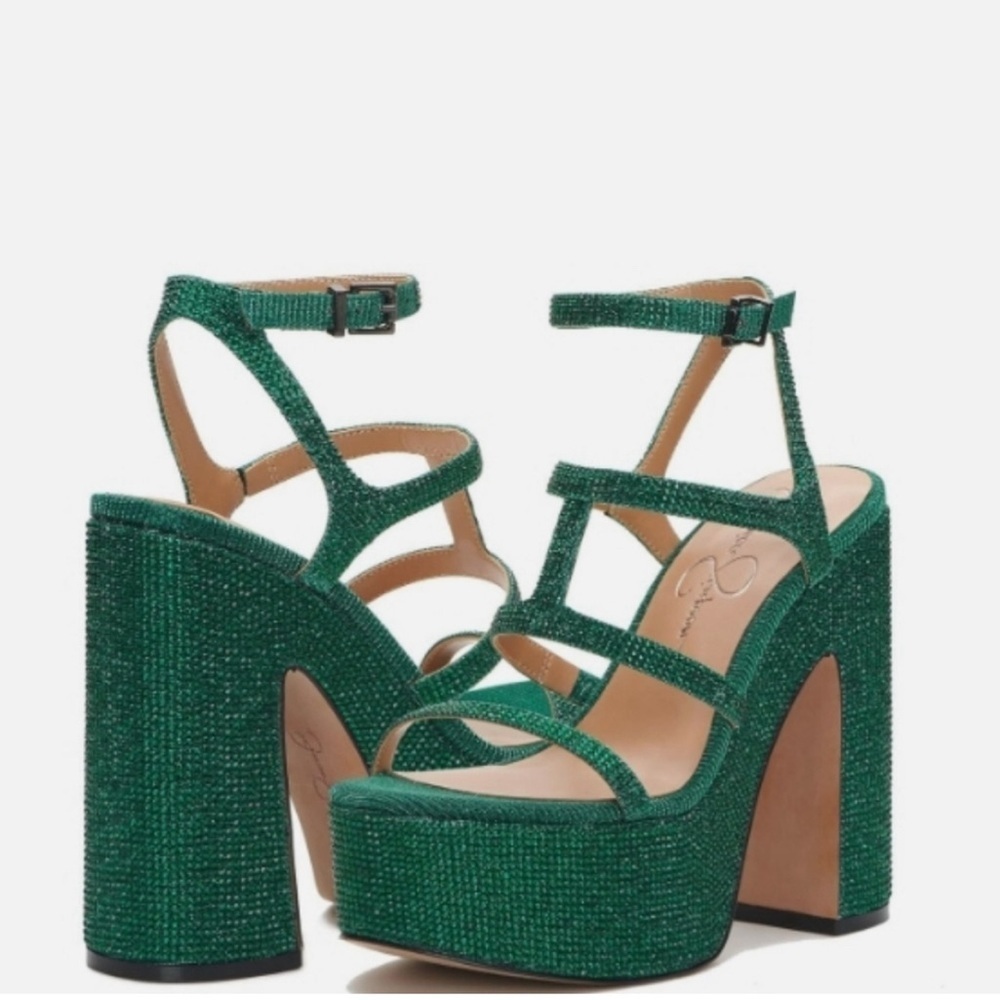 💚Jessica Simpson Meitini Green Rhinestone Platform Dress Sandals Block Heels